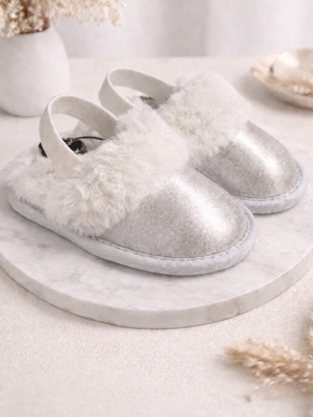 Silver Faux Fur Slippers Girls Size 9/10 Cozy Plush Metallic Shoes